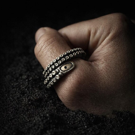 Octopus Tentacle Ring in Sterling Silver 925 – Heavy Men’s Ring, Nautical Gothic Handmade Jewelry