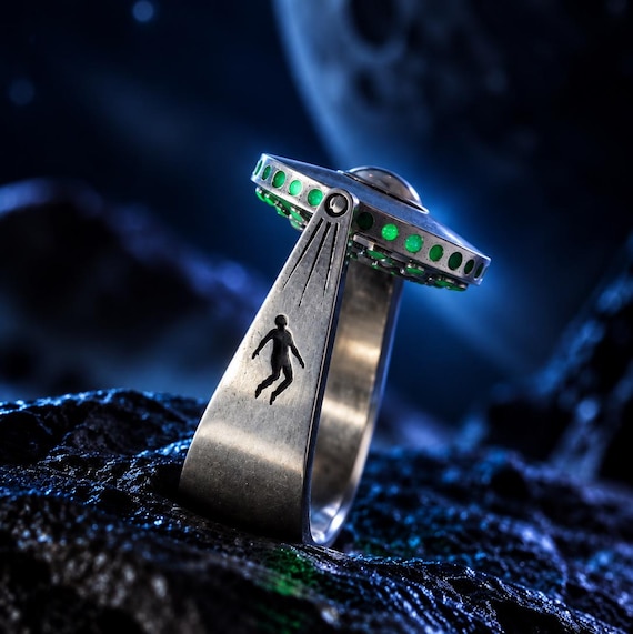 ABDUCTION - 925 Sterling Silver Ring with White Synthetic Opal and Photoluminescent Resin -Flying Saucer Inspired by Alien Abduction Stories