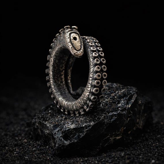 Octopus Tentacle Ring in Sterling Silver 925 – Heavy Men’s Ring, Nautical Gothic Handmade Jewelry