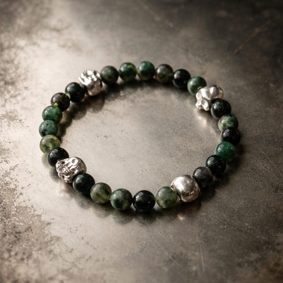 L’HARMONIE DES OMBRES – Moss Agate and Sterling Silver Skulls Bracelet - Amulet and Protection Bracelet