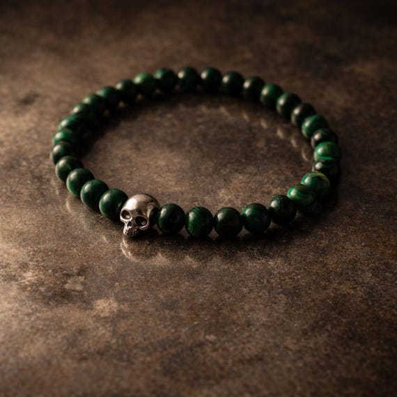 L’ÉQUILIBRE DES AMES – Bracelet in Malachite and Silver Skulls - Amulet and Protection Bracelet