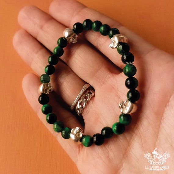 L’ŒIL ET L’ÉTERNEL – Green Tiger's Eye and Sterling Silver Skull Bracelet - Amulet of Protection