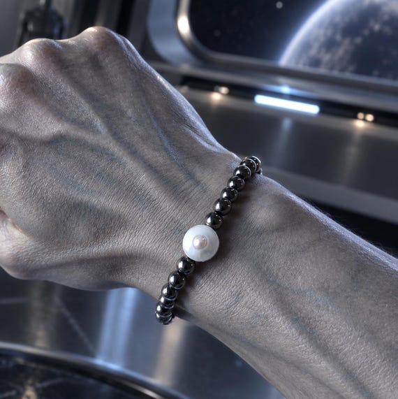 SIGNAL - 925 Sterling Silver Bracelet with Hematite and White Synthetic Opals - Flying Saucer Inspired by Extraterrestrial Signals