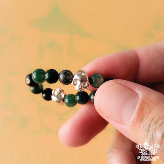 L’HARMONIE DES OMBRES – Moss Agate and Sterling Silver Skulls Bracelet - Amulet and Protection Bracelet