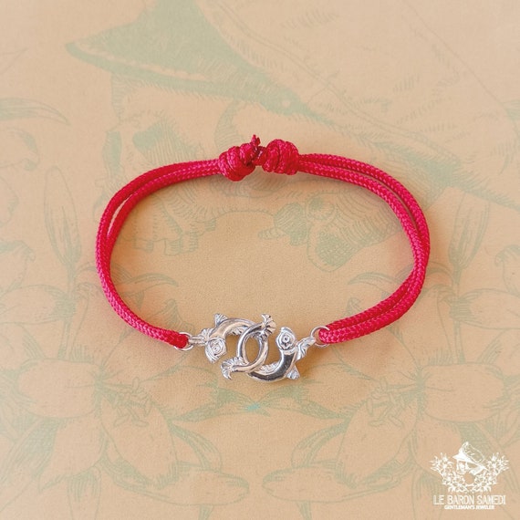 MARINE EMBRACE: Antique Silver Dolphin Bracelet with Red Cord - Handmade in Sète