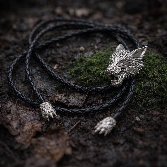 LOUP ALFA – Sterling Silver Wolf Head Bolo Tie with Braided Leather Cord, Western Handmade Jewelry for Men