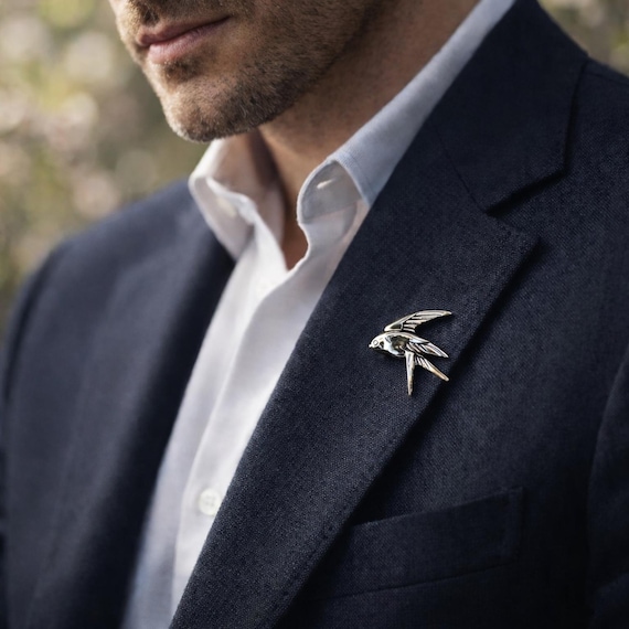 MESSAGÈRE – Sterling Silver Swallow Lapel Pin, Men’s Brooch, Suit Pin, Symbol of Freedom and Return