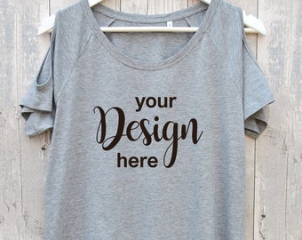 CUSTOM TSHIRT. Your Design/Text here. Cut-out shoulders and drop tail t-shirt. Cold shoulders top.