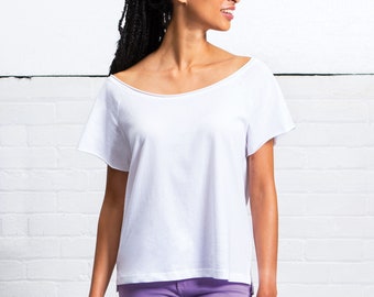 Loose Fit T-shirt in 3 colours. Organic Cotton. Wide Neckline. Off-the-shoulder Top.  Comfortable Top. Raw Edge Neckline and Sleeves.