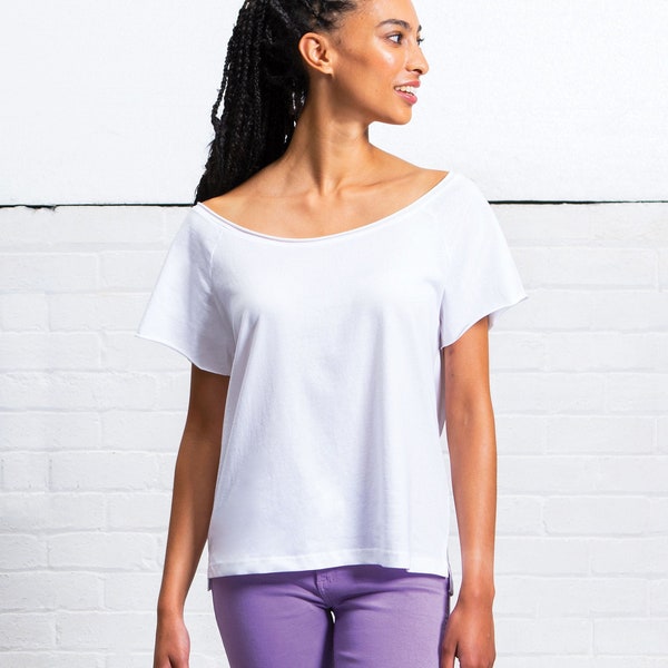 Loose Fit T-shirt in 3 colours. Organic Cotton. Wide Neckline. Off-the-shoulder Top.  Comfortable Top. Raw Edge Neckline and Sleeves.