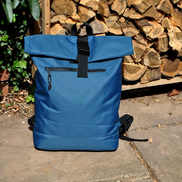 Recycled Backpack. BLUE Teal. Roll-Top Laptop Backpack. Made From Plastic Bottles. Eco Backpack.