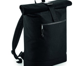 Recycled Backpack. BLACK. Roll-Top Laptop Backpack. Made From Plastic Bottles. Eco Backpack.