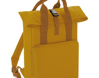 Mittelgroßer recycelter Rucksack. MUSTARD Roll-Top-Rucksack mit zwei Griffen. City-Rucksack. College Tasche.