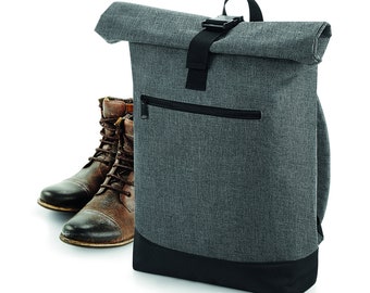 WATERPROOF Backpack. GREY Marl & BLACK. Roll-Top Laptop Backpack. City backpack. Unisex backpack.