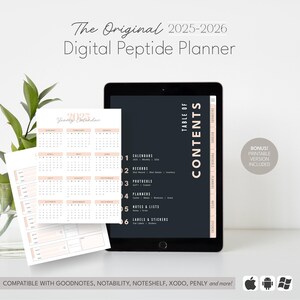 May include: A digital peptide planner for 2025-2026, displayed on a tablet with a yearly calendar and table of contents. The planner includes calendars, records, protocols, planners, notes, and labels. Compatible with GoodNotes and more.