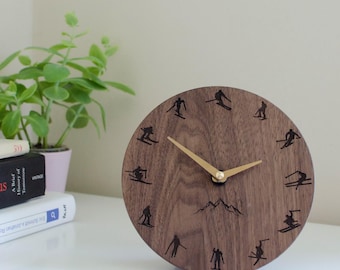 Walnut Ski Desk Clock, Winter Sports Gift