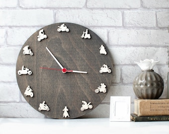 Biker wood clock, Wall clock with motorcyclists, Gift for Motorcycle Riders