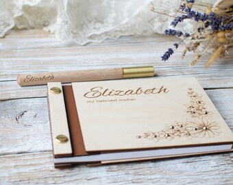 Personalized wood small book with wooden pen, custom gift to mother, sister, women