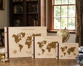 Travel Wedding Guest Book with World Map in three sizes Light color for Adventure Couples