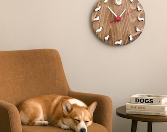 Welsh Corgi Pembroke Wooden Wall Clock, Dog Portrait, Personalized Gift