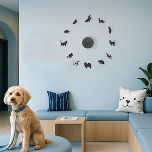 Huge wall Wooden clock for vet clinic with different animals Oversized Wooden Wall Clock Animal Silhouettes, Pet Lover Decor