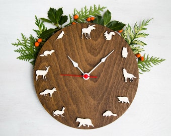 Woodland Wall Clock forest animal Bear Elk Fox Hare Owl clock, rustic style Home decor,  idea for kids room, design for children