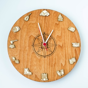 Scout wood Clock with compass, Wooden Wall art clock with scout stuff, Wanderlast gift idea, gift for a tourist