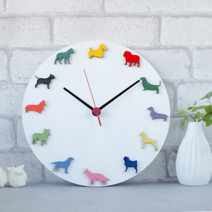 White clock with colored dogs, Wall hanging Colorful Dogs clock, Eco friendly gift for children or pet lovers
