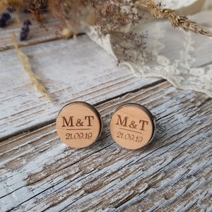 Personalized light wood cufflinks with Initials Wedding for men, handmade groom jewelry