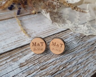 Personalized light wood cufflinks with Initials Wedding for men, handmade groom jewelry
