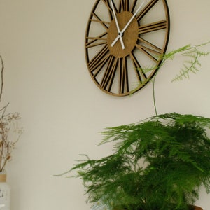 A brown wooden clock with black Roman numeral markings and white hands hanging on a white wall. A green potted plant is in the foreground with a white lantern on a white shelf.