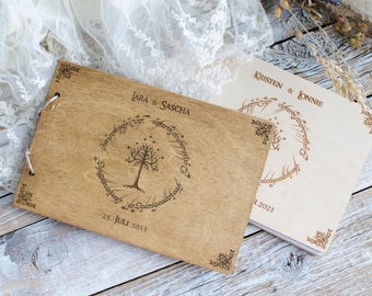 Wooden Wedding Guest Book with fantasy decor of tree and ring,  5th Anniversary Gift LotR  Book with Fantasy Tree & Elvish-Style Inscription