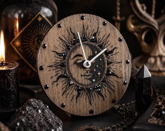 Celestial Wooden Desk Clock with Sun Moon Face and Crystals, Spiritual  Gift, Esoteric Decor