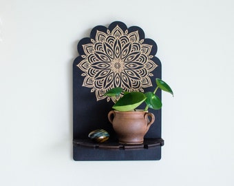 Mandala black mini wood shelf, necklace organizer