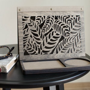 Wood Carved Book Stand: Gray Vegan Leather Organizer