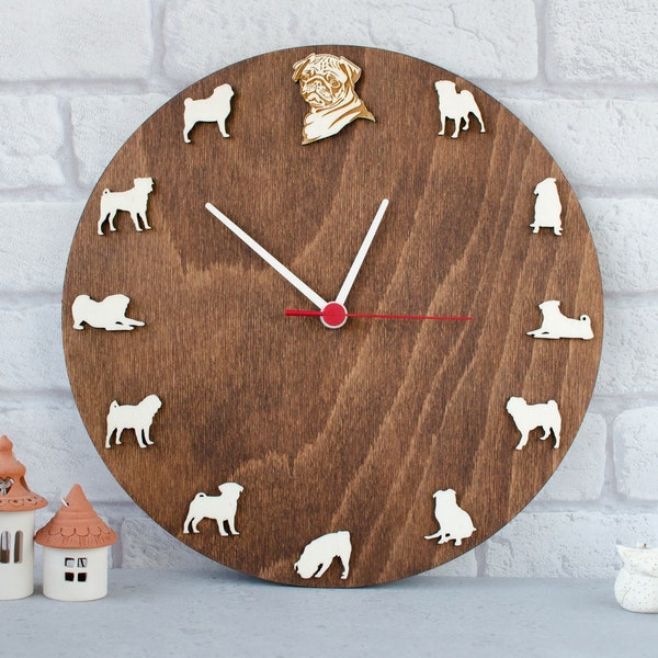 Pug Clock | Pug portrait wood Clock Animal wall clock gift for dog pug lovers pug home decor Unique gift