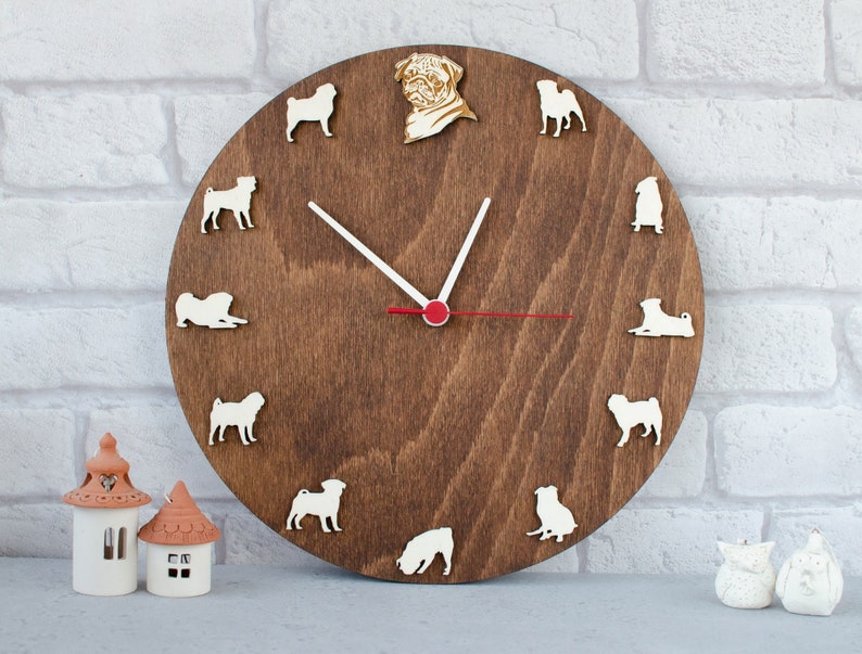 Pug Clock Pug portrait wood Clock Animal wall clock gift for dog pug lovers pug home decor Unique gift image 1
