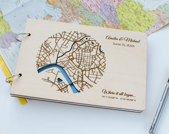 City Map Wedding Guest Book, Wooden Album with Map,  Personalized Custom Guest Book, Engagement Signing Book, Wedding Reception Guestbook