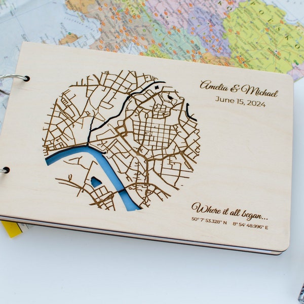 City Map Wedding Guest Book, Wooden Album with Map,  Personalized Custom Guest Book, Engagement Signing Book, Wedding Reception Guestbook