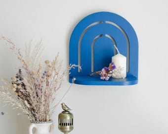 Blue Wood Mini Shelf, Colorful Home Decor, Collectibles Display, Floating shelf for mini plants