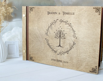 Lord of Rings A4 Dark color Wedding guest book Wood Wedding Album gift for couple Photo Book to Anniversary