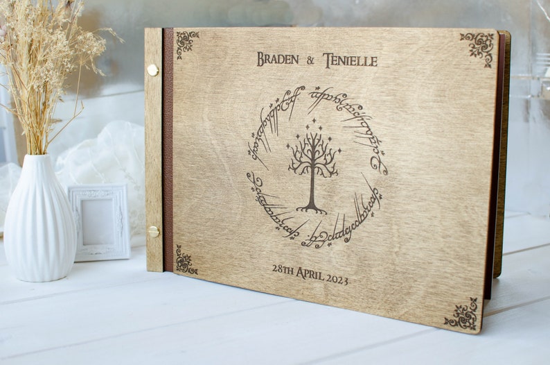 Lord of Rings A4 Dark color Wedding guest book Wood Wedding Album gift for couple Photo Book to Anniversary image 1