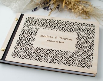 Carved wood album Wedding guest book gift for couple Floral pattern geometric ornament