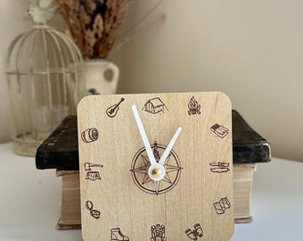 Scout Desk Clock – Wooden Adventure-Themed Table Clock with Camping Motifs