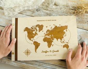 Travel wood book A4 Big Wooden World Map guestbook | Travel Wedding Album  Wanderlust  Anniversary gift