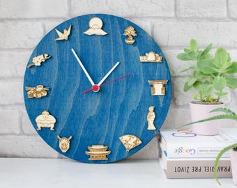 Japanese Style Wooden Wall Clock – Mt. Fuji, Sushi, Sakura & Bonsai Symbols – Japan-Inspired Home Decor