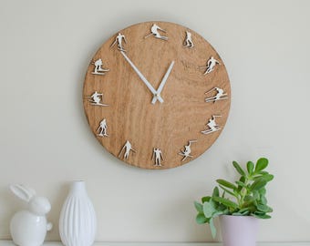 Skiing Wall Clock with Silent Movement — Wooden Winter Sports Decor, Gift for Skier