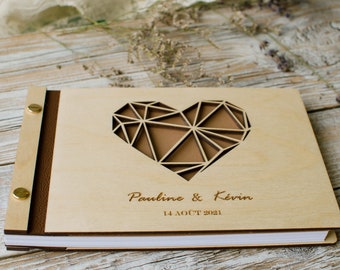 Valentin's Love book with carved geometric heart, Natural Wood Album, valentine gift for couple