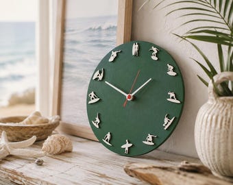 Surfing Wall Clock – Surf Decor with Surfer Figures , Ocean Lover Gift
