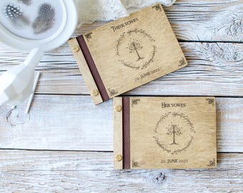 Vow books with fantasy Tree & Ring decor for the bride and groom in dark wood color, set of 2